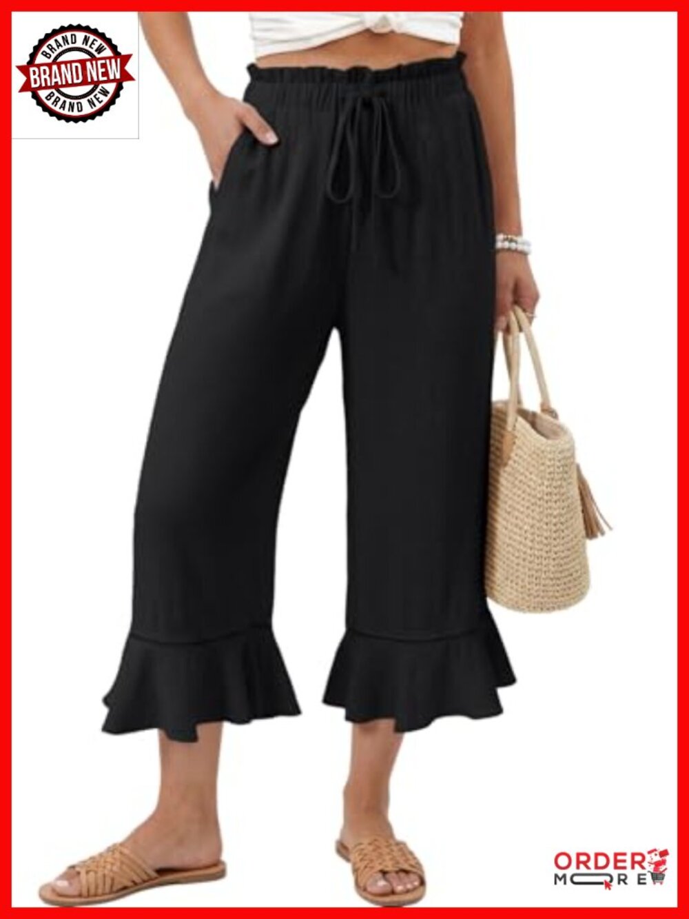 Wide Leg Linen Blend Capri Pants Ruffle Hem Drawstring Pockets